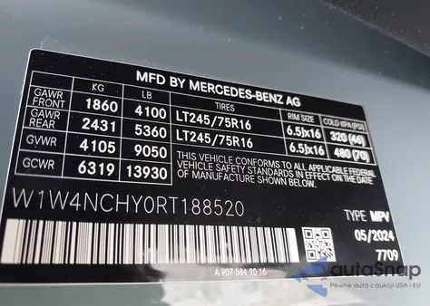 2024 Mercedes-Benz Sprinter 2500 High Roof 4-Cyl Diesel Ho z USA, uszkodzony, nr VIN W1W4NCHY0RT188520